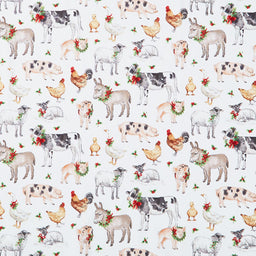 Barnyard Christmas - Animals White Multi Yardage