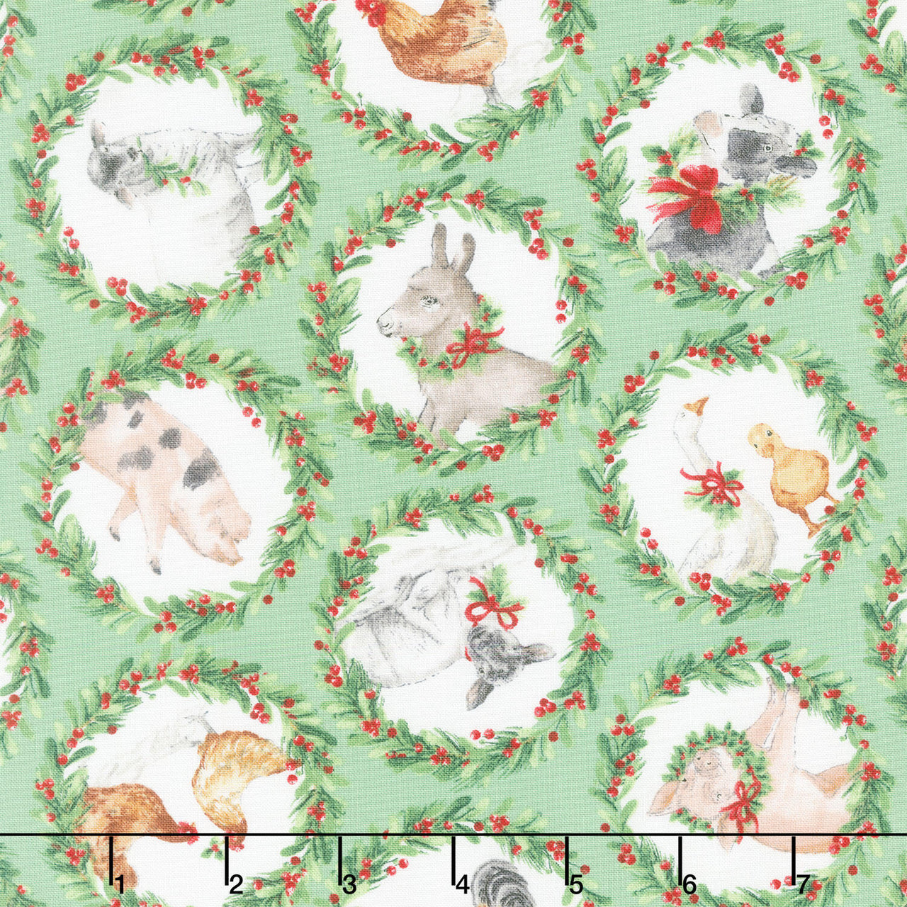 Barnyard Christmas - Animal Wreaths Green Multi Yardage