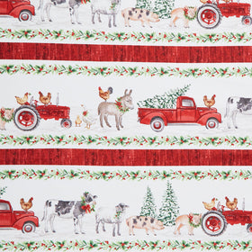 Barnyard Christmas - Border Stripe White Multi Yardage