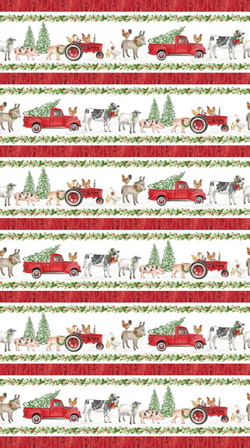 Barnyard Christmas - Border Stripe White Multi Yardage