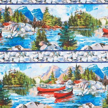 Canoe Lake - Canoe Boat Scenic Border Stripe Blue Multi Yardage