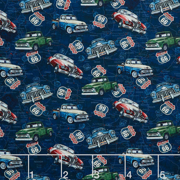 Historic Route 66 - Car & Truck Toss Navy Multi Yardage