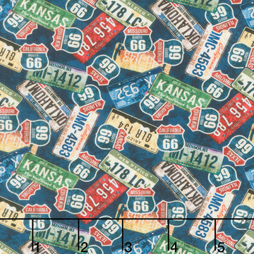 Historic Route 66 - License Plates Navy Multi Yardage