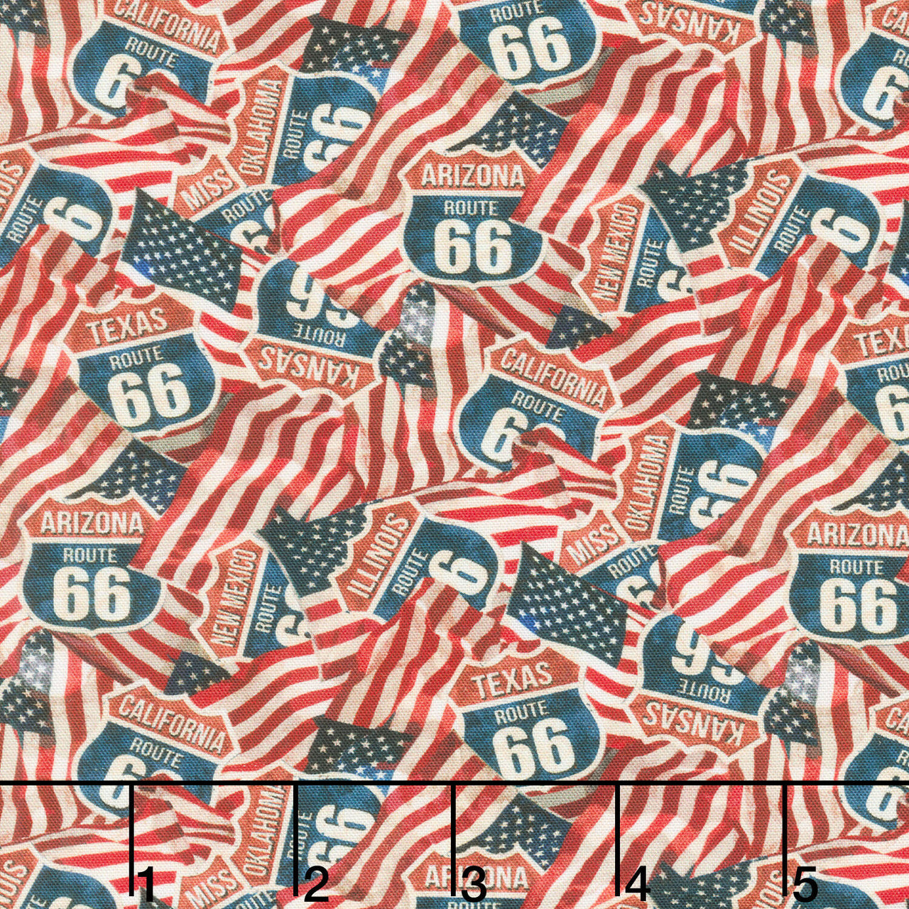 Historic Route 66 - Flags & Signs Red Multi Yardage