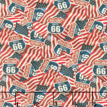 Historic Route 66 - Flags & Signs Red Multi Yardage