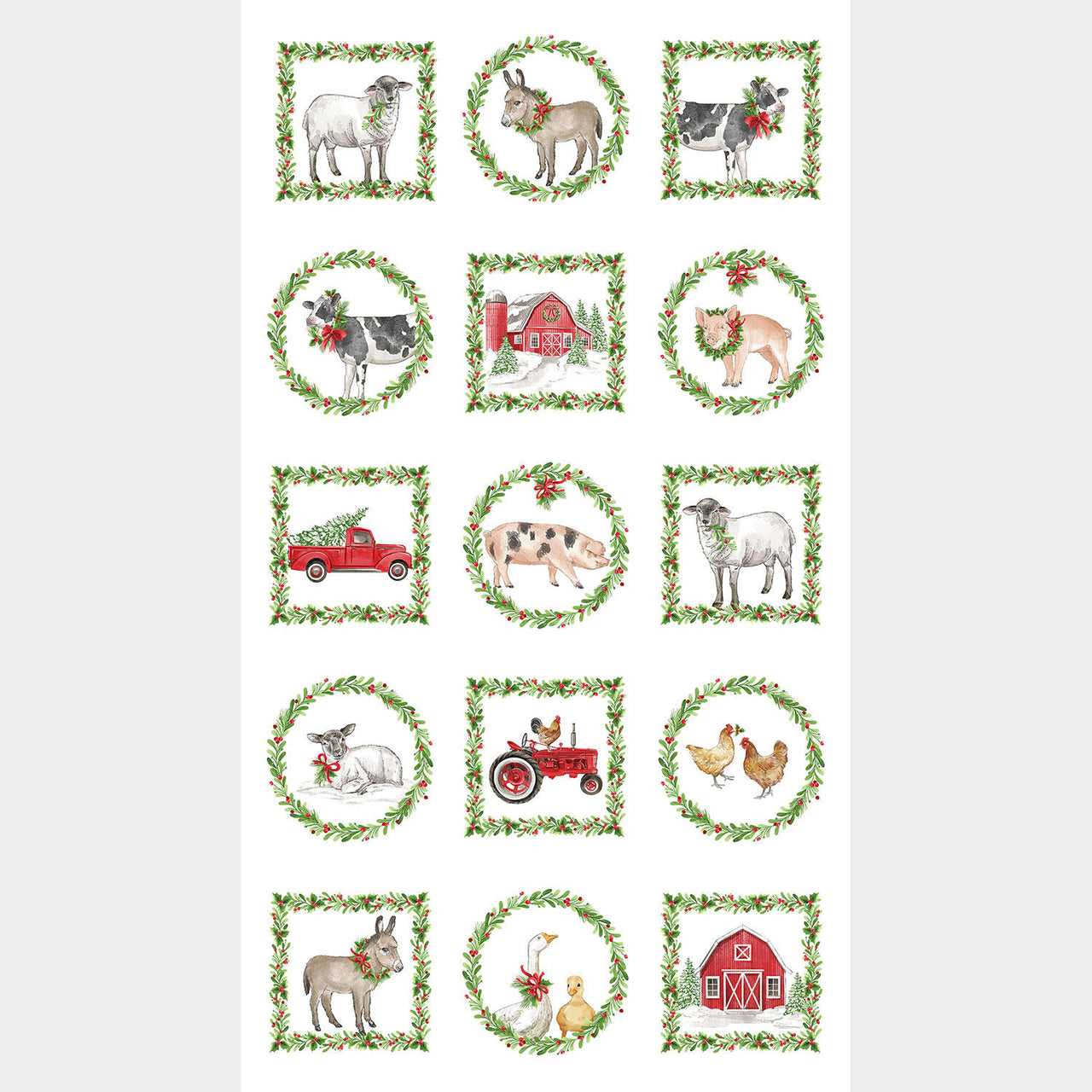 Barnyard Christmas - Barn Animals Block White Multi Panel
