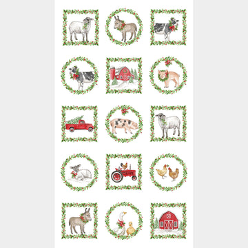 Barnyard Christmas - Barn Animals Block White Multi Panel
