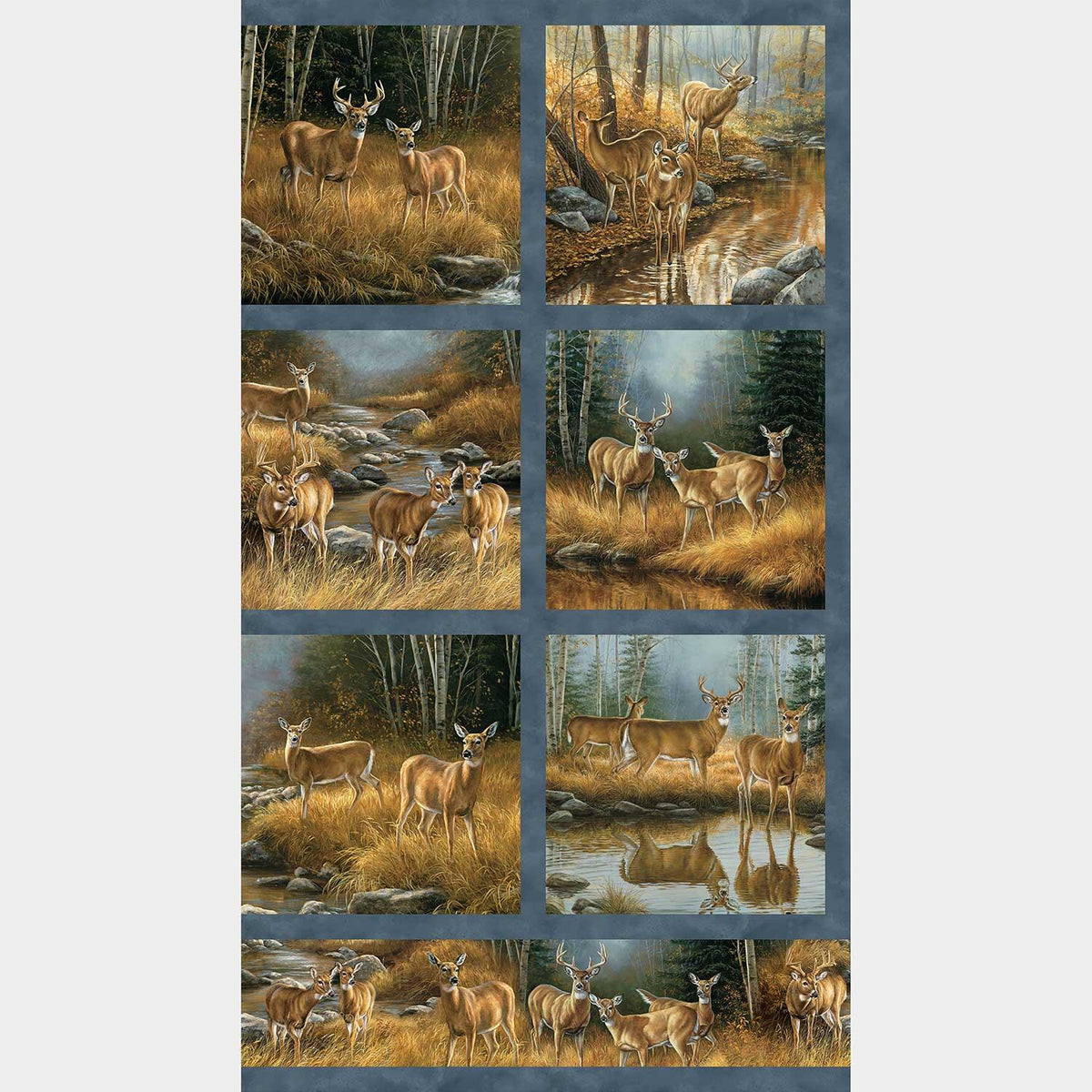 Birchwood - Deer Blocks Medium Blue Multi Panel