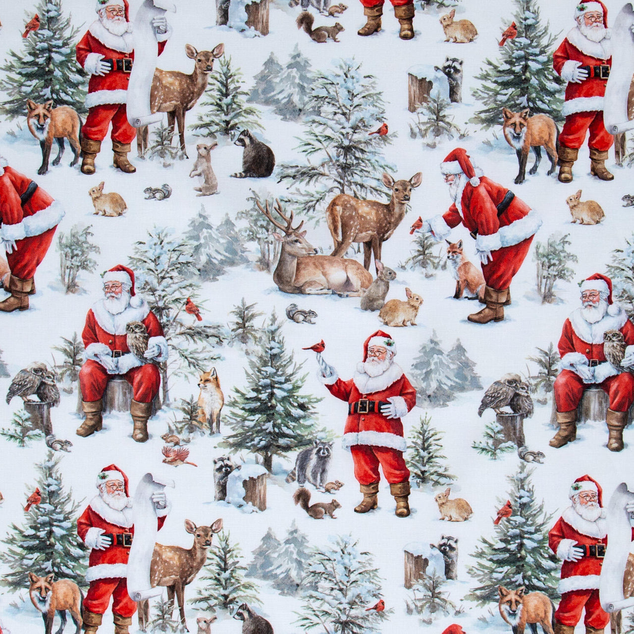 Woodland Whispers - Santa's Woodland Allover White Yardage