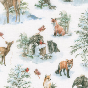 Woodland Whispers - Woodland Creature Allover White Yardage