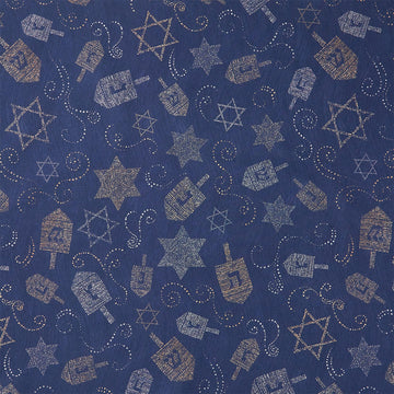 Hanukkah Lights - Tossed Dreidels and Stars of David Navy Yardage