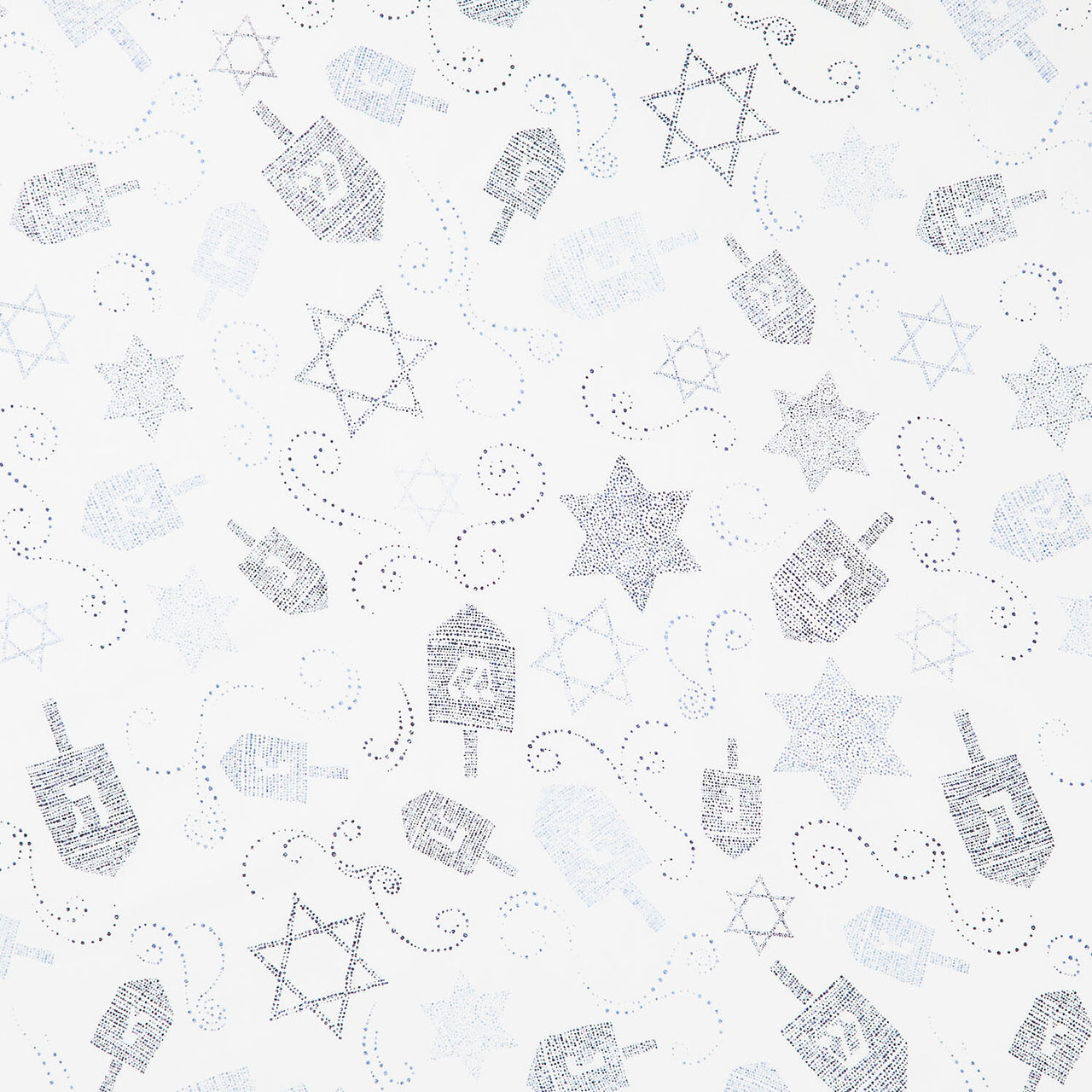 Hanukkah Lights - Tossed Dreidels and Stars of David White-Blue Yardage