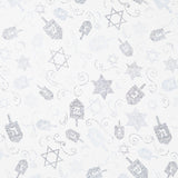 Hanukkah Lights - Tossed Dreidels and Stars of David White-Blue Yardage