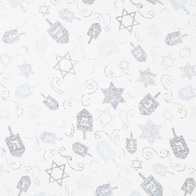 Hanukkah Lights - Tossed Dreidels and Stars of David White-Blue Yardage