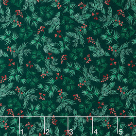 First Frost - Berry and Pine Sprig Allover Dark Green 108" Wide Backing