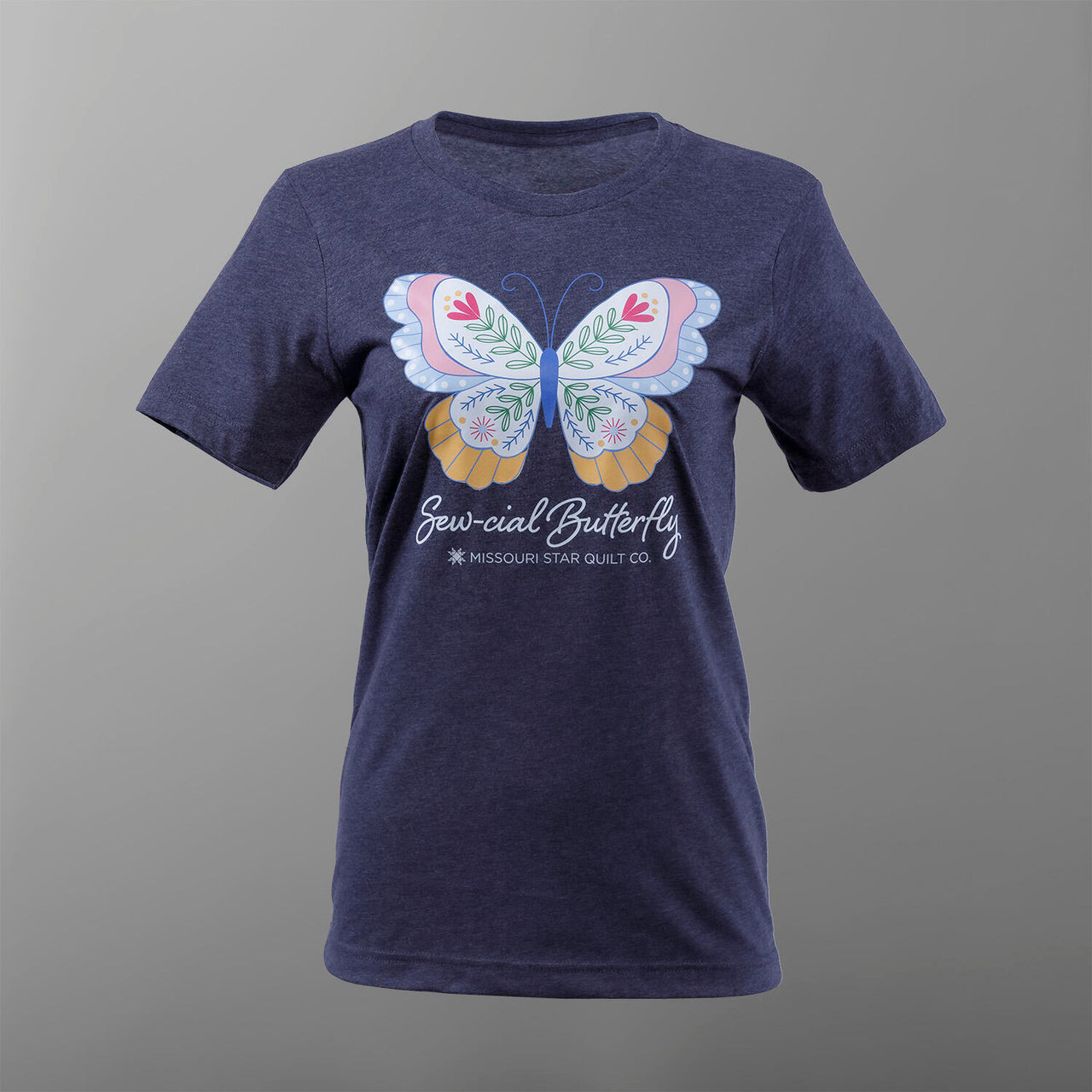 Missouri Star Sew-cial Butterfly T-shirt - Heather Midnight Navy - 2XL