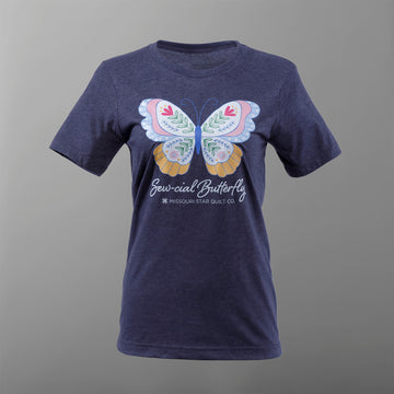 Missouri Star Sew-cial Butterfly T-shirt - Heather Midnight Navy - 2XL