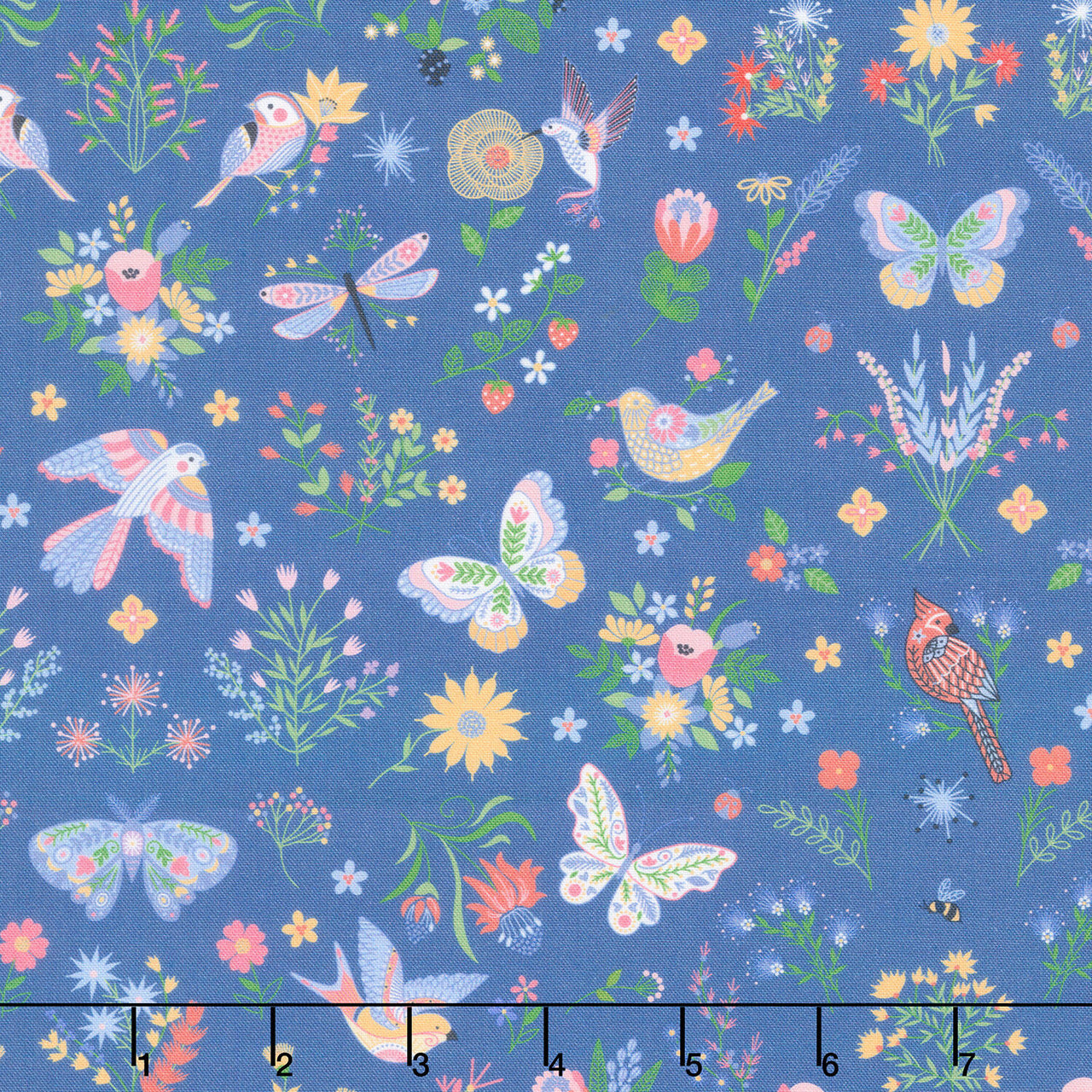 Ingrid's Wildflowers - Birds and Florals Blue Yardage