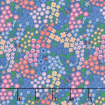 Ingrid's Wildflowers - Packed Flowers and Bugs Blue Yardage