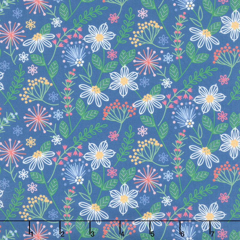 Ingrid's Wildflowers - Tossed Flowers Blue Yardage