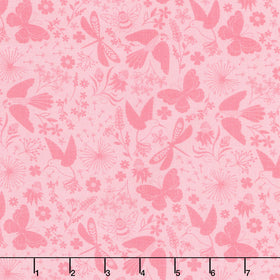 Ingrid's Wildflowers - Packed Tonal Birds and Insects Pink Yardage