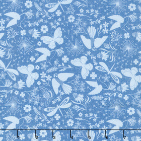 Ingrid's Wildflowers - Packed Tonal Birds and Insects Blue 108" Wide Backing