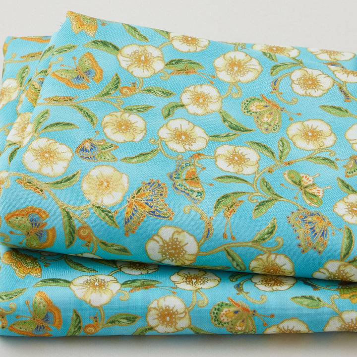 Parvaneh's Butterflies - Flowers Aqua Metallic 2 Yard Cut