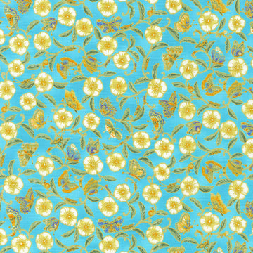Parvaneh's Butterflies - Flowers Aqua Metallic 2 Yard Cut