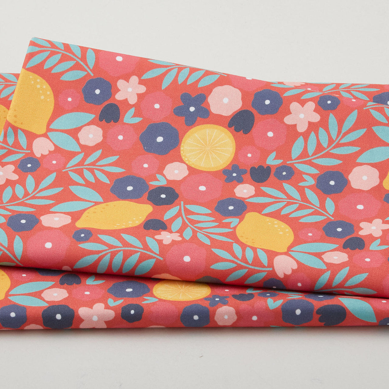 Citrus & Sunshine - Lemons and Flowers Coral 2 Yard Cut