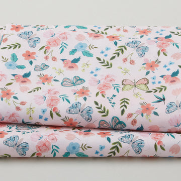Watercolor Blooms - Pink Flowers and Butterflies 2 Yard Cut