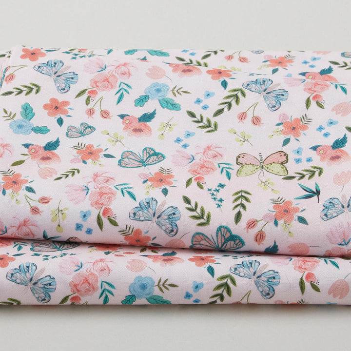 Watercolor Blooms - Pink Flowers and Butterflies 2 Yard Cut