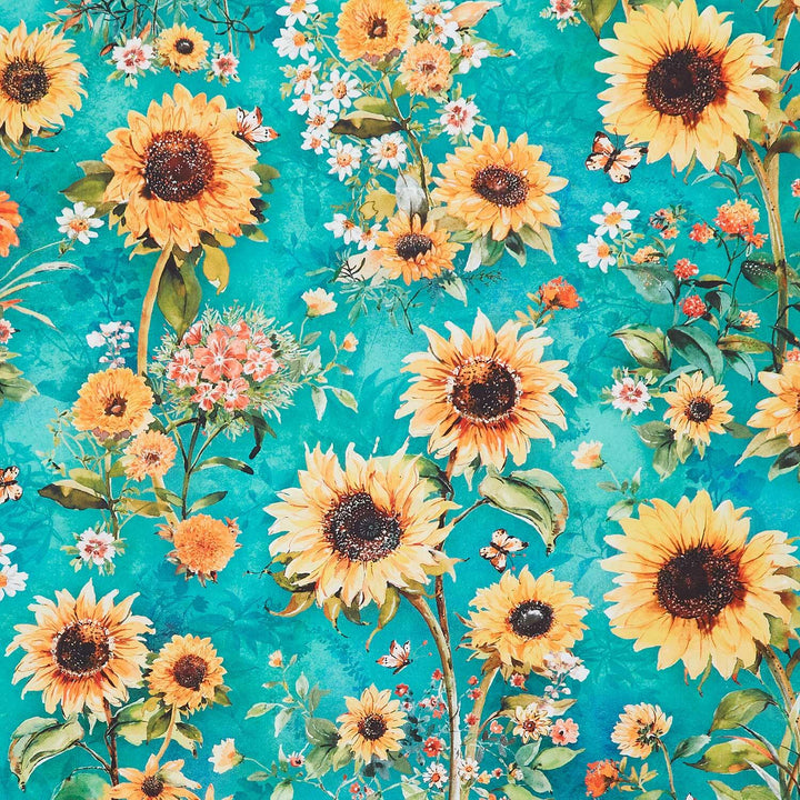 Sunlit Garden - Sunflowers Turquoise Yardage