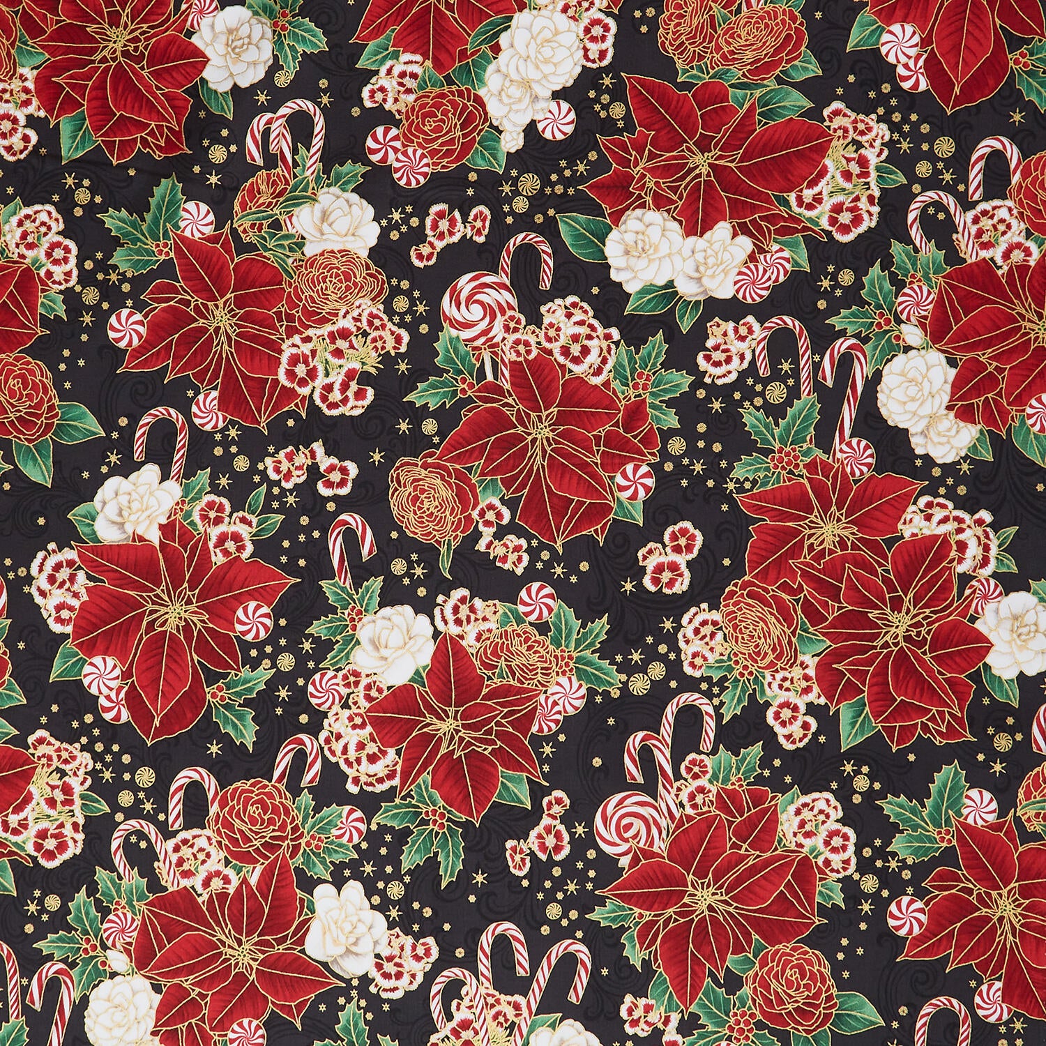 Holiday Flourish Peppermint Twist - Poinsettias Black Metallic Yardage