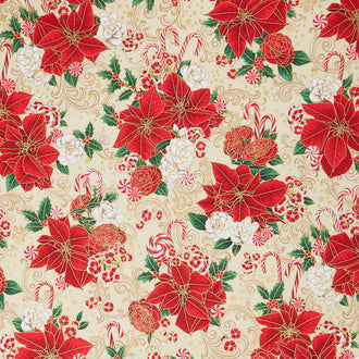 Holiday Flourish Peppermint Twist - Poinsettias Cream Metallic Yardage