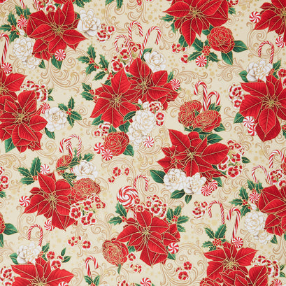 Holiday Flourish Peppermint Twist - Poinsettias Cream Metallic Yardage