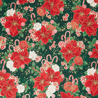 Holiday Flourish Peppermint Twist - Poinsettias Pine Metallic Yardage