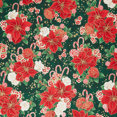 Holiday Flourish Peppermint Twist - Poinsettias Pine Metallic Yardage