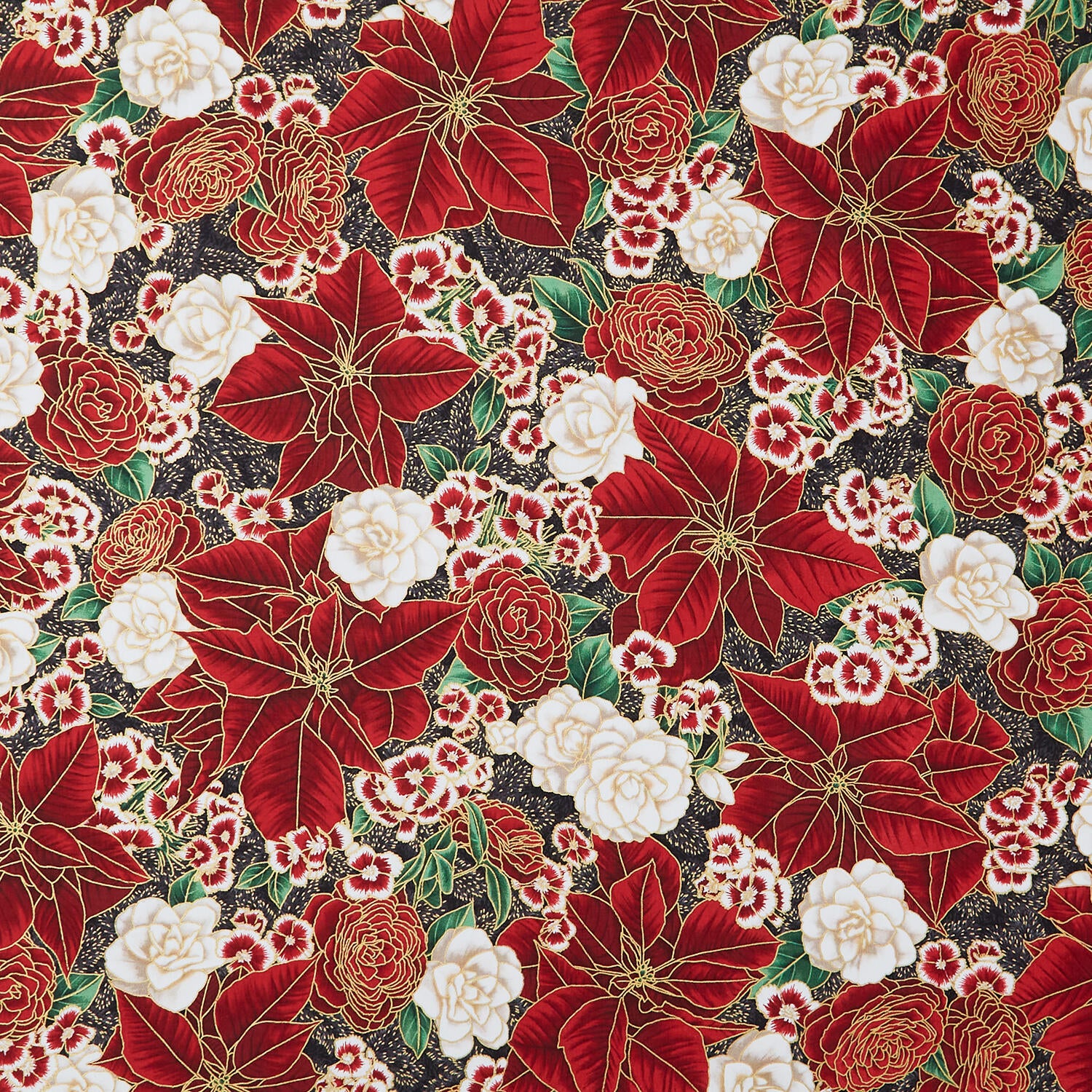 Holiday Flourish Peppermint Twist - Flowers Black Metallic Yardage