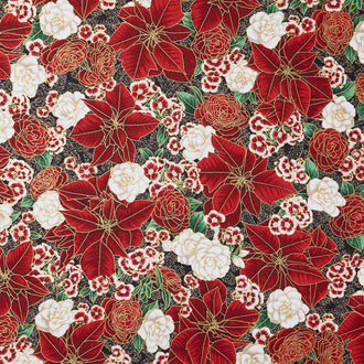 Holiday Flourish Peppermint Twist - Flowers Black Metallic Yardage