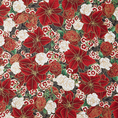 Holiday Flourish Peppermint Twist - Flowers Black Metallic Yardage