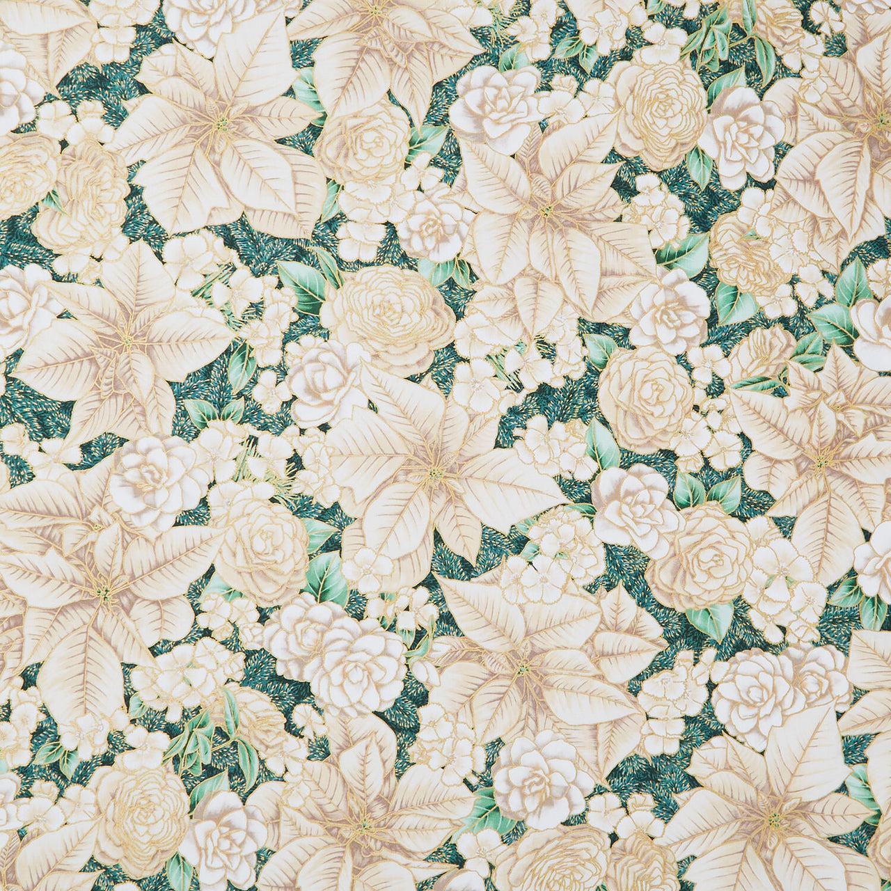 Holiday Flourish Peppermint Twist - Flowers Cream Metallic Yardage