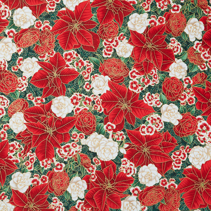 Holiday Flourish Peppermint Twist - Flowers Pine Metallic Yardage