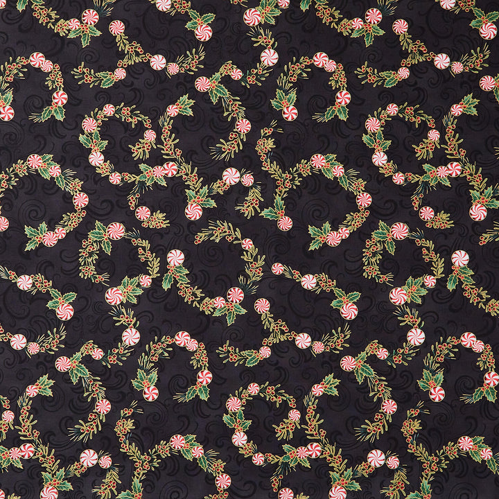 Holiday Flourish Peppermint Twist - Peppermint Candies Black Metallic Yardage