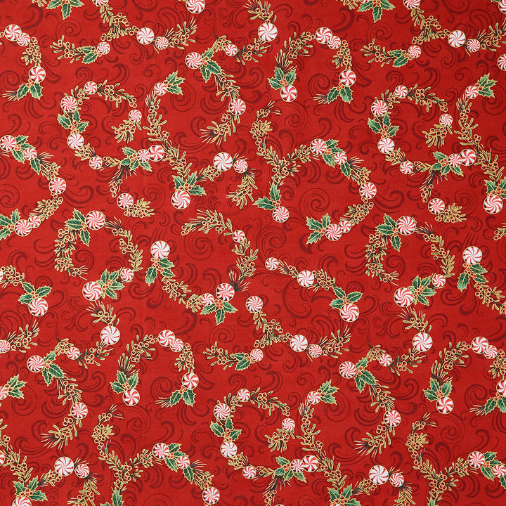Holiday Flourish Peppermint Twist - Peppermint Candies Scarlet Metallic Yardage
