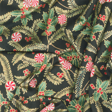 Holiday Flourish Peppermint Twist - Sprigs Black Metallic Yardage