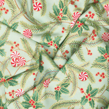 Holiday Flourish Peppermint Twist - Sprigs Sage Metallic Yardage