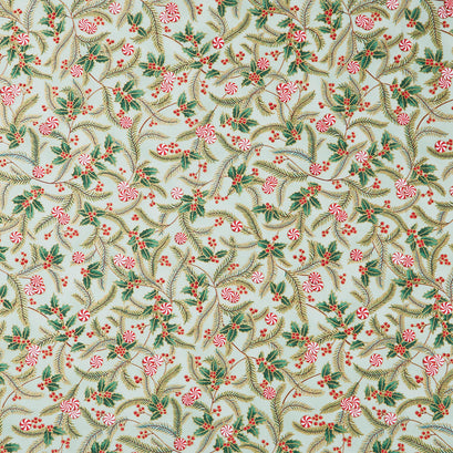 Holiday Flourish Peppermint Twist - Sprigs Sage Metallic Yardage