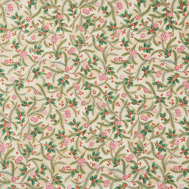 Holiday Flourish Peppermint Twist - Sprigs Cream Metallic Yardage