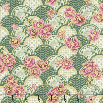 Imperial Collections - Graceful Cranes Flowers Scallop Design Jade Metallic Yardage