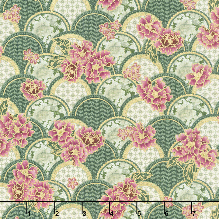 Imperial Collections - Graceful Cranes Flowers Scallop Design Jade Metallic Yardage